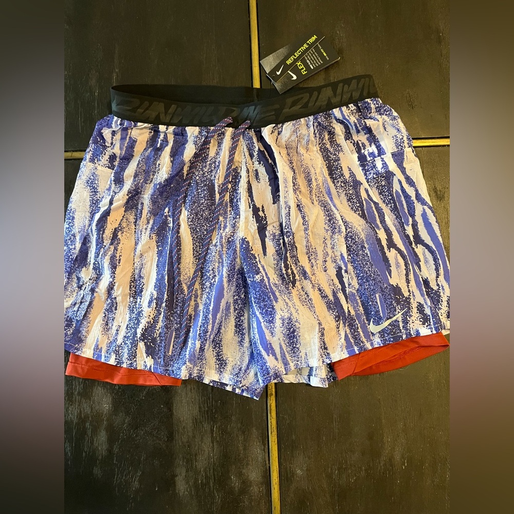 Nike Blue and Cream Printed Running Shorts with Red Liner